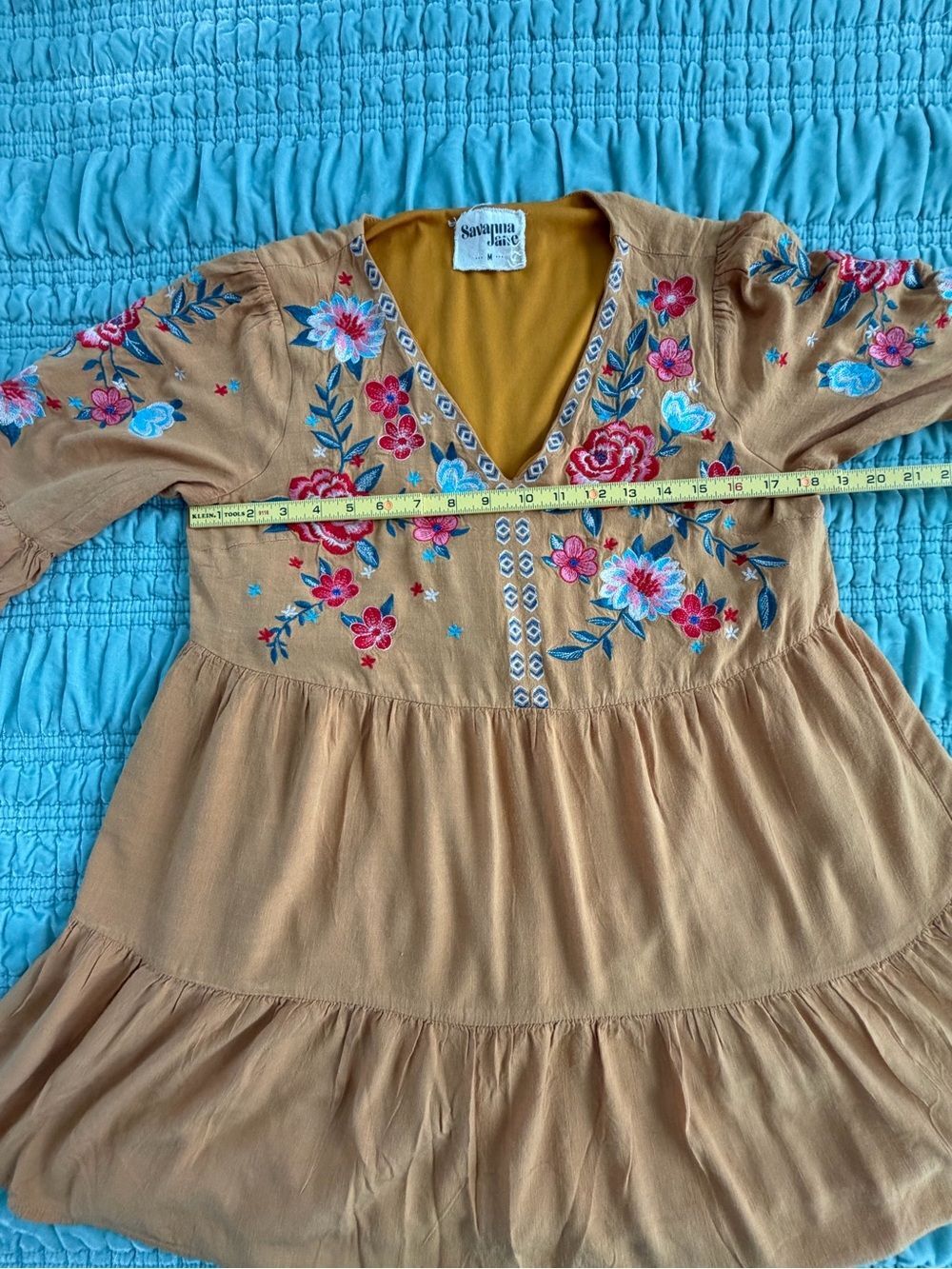 Savanna Jane Mustard Tiered Dress with Multicolor Floral Embroidery-Med - Picture 6 of 10